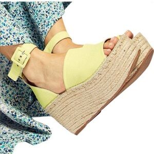 New Free People Sunny Lime Leather Coastal Platform Wedge Burlap Sandals 39/US 9